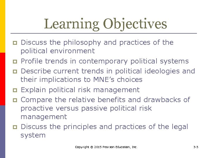 Learning Objectives p p p Discuss the philosophy and practices of the political environment