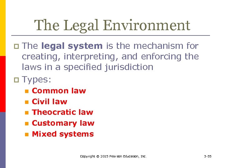 The Legal Environment The legal system is the mechanism for creating, interpreting, and enforcing