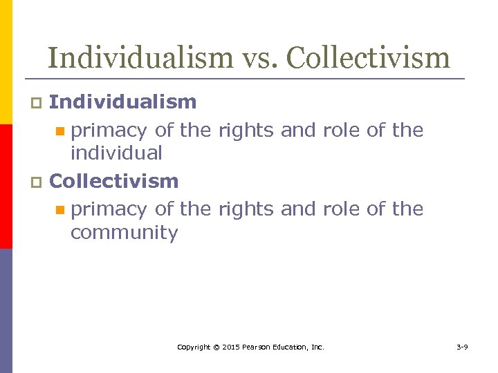 Individualism vs. Collectivism Individualism n primacy of the rights and role of the individual