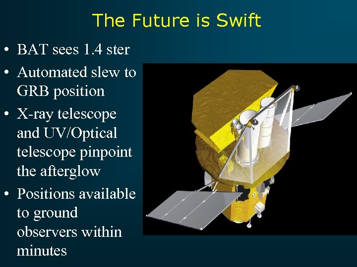 The Future is Swift • BAT sees 1. 4 ster • Automated slew to