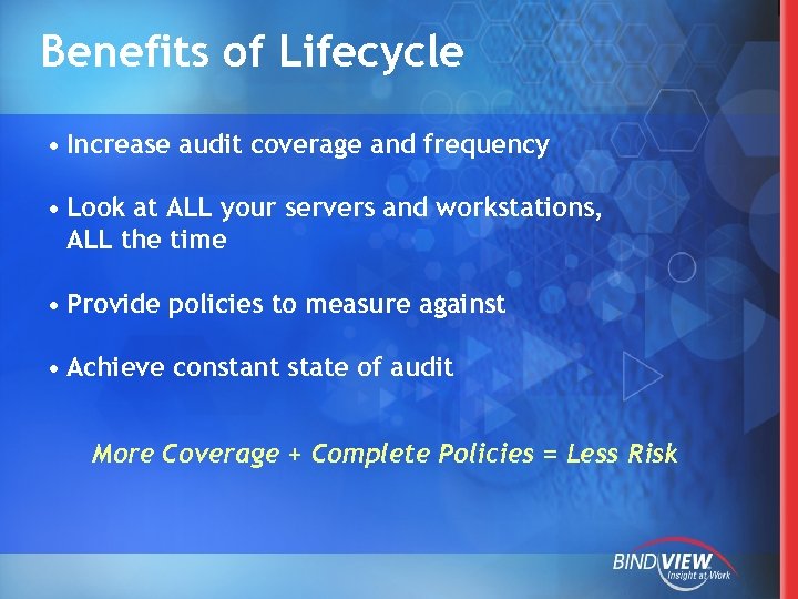 Benefits of Lifecycle • Increase audit coverage and frequency • Look at ALL your