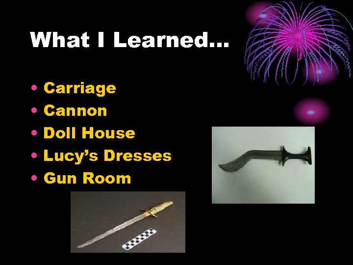 What I Learned… • • • Carriage Cannon Doll House Lucy’s Dresses Gun Room