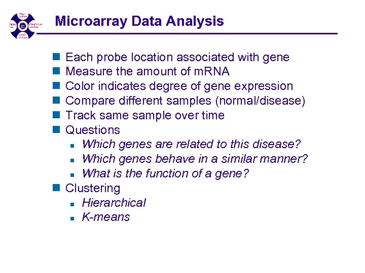 Microarray Data Analysis n n n Each probe location associated with gene Measure the