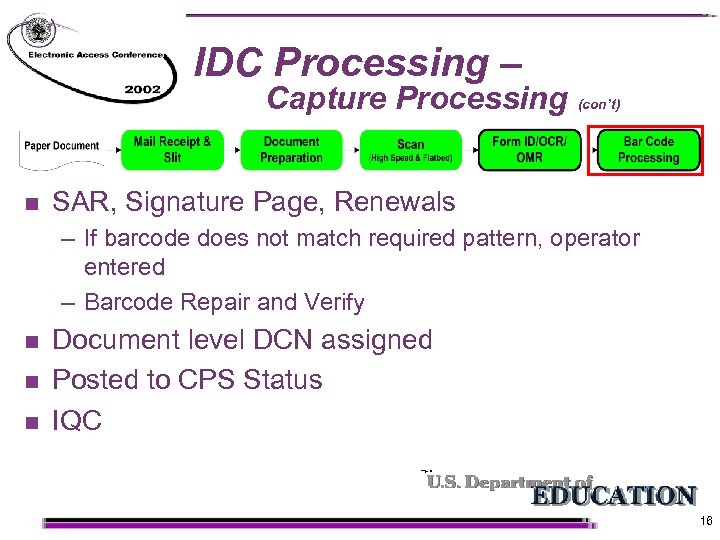 IDC Processing – Capture Processing n (con’t) SAR, Signature Page, Renewals – If barcode