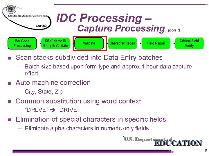 IDC Processing – Capture Processing n (con’t) Scan stacks subdivided into Data Entry batches
