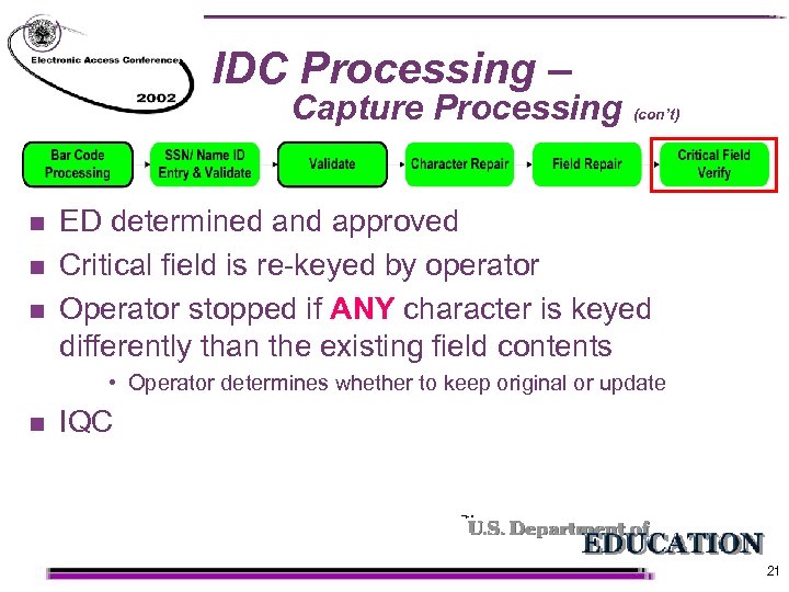 IDC Processing – Capture Processing n n n (con’t) ED determined and approved Critical