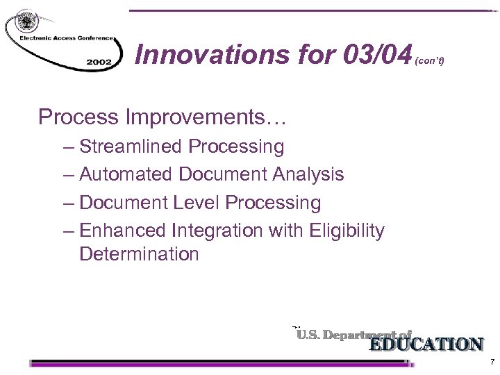 Innovations for 03/04 (con’t) Process Improvements… – Streamlined Processing – Automated Document Analysis –