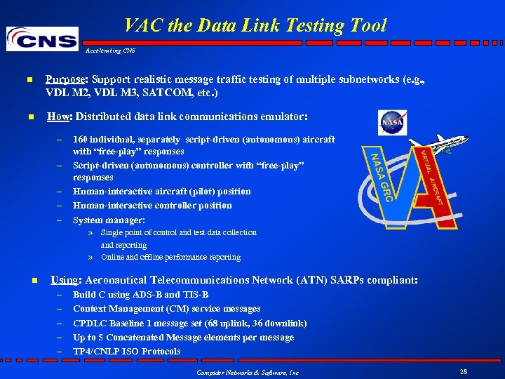 VAC the Data Link Testing Tool Accelerating CNS n Purpose: Support realistic message traffic