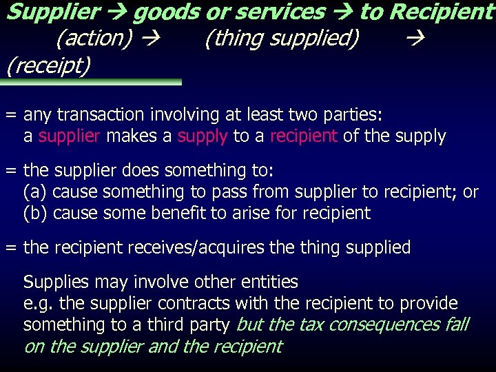 Supplier goods or services to Recipient (action) (thing supplied) (receipt) = any transaction involving