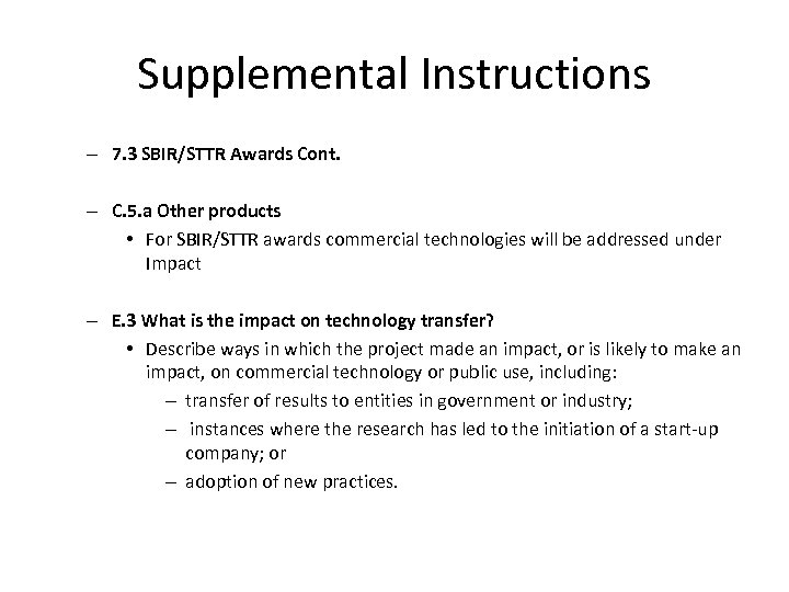 Supplemental Instructions – 7. 3 SBIR/STTR Awards Cont. – C. 5. a Other products
