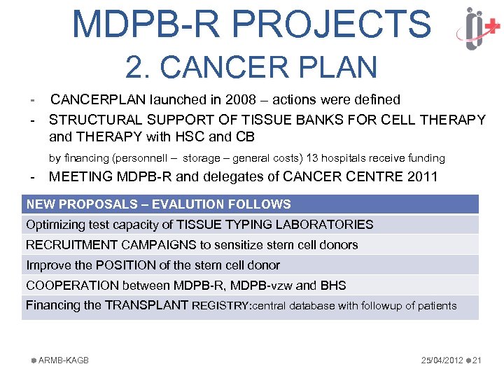 MDPB-R PROJECTS 2. CANCER PLAN - CANCERPLAN launched in 2008 – actions were defined