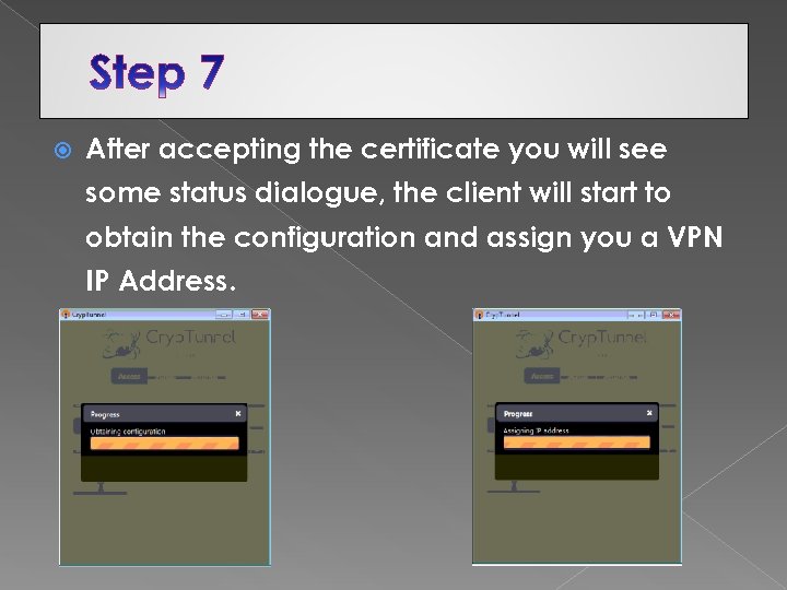  After accepting the certificate you will see some status dialogue, the client will