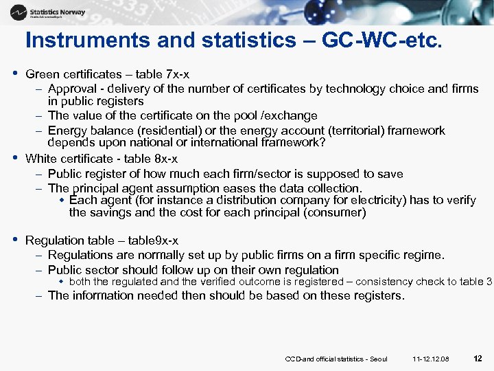 Instruments and statistics – GC-WC-etc. • • • Green certificates – table 7 x-x