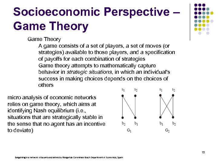 Socioeconomic Perspective – Game Theory A game consists of a set of players, a