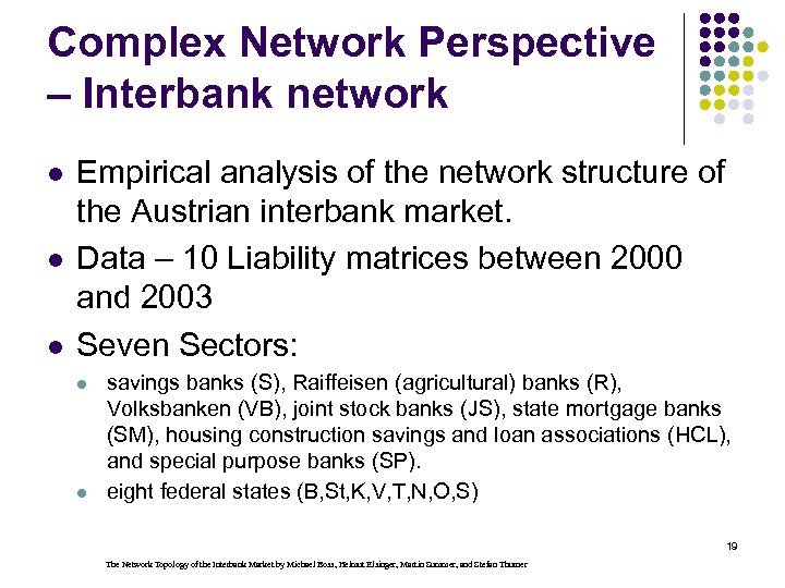 Complex Network Perspective – Interbank network l l l Empirical analysis of the network