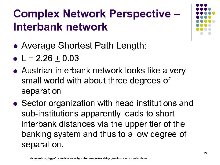 Complex Network Perspective – Interbank network l Average Shortest Path Length: l L =
