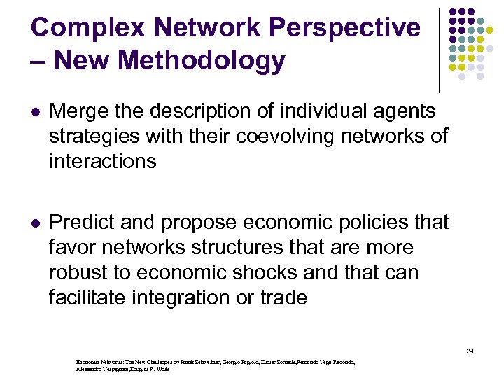 Complex Network Perspective – New Methodology l Merge the description of individual agents strategies