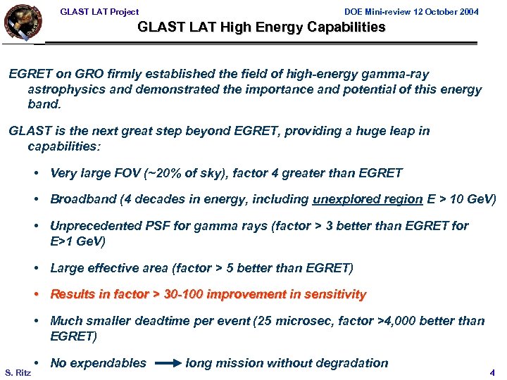 GLAST LAT Project DOE Mini-review 12 October 2004 GLAST LAT High Energy Capabilities EGRET