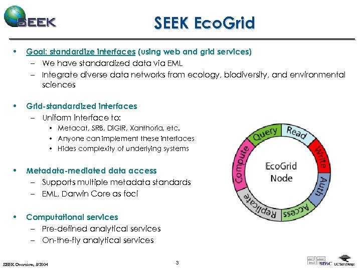 SEEK Eco. Grid • Goal: standardize interfaces (using web and grid services) – We