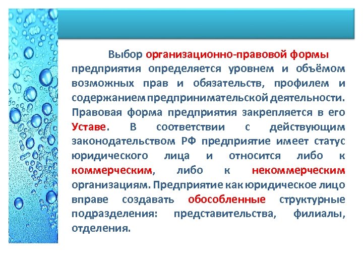 Выбор организационно правовой формы предприятия определяется уровнем и объёмом возможных прав и обязательств, профилем