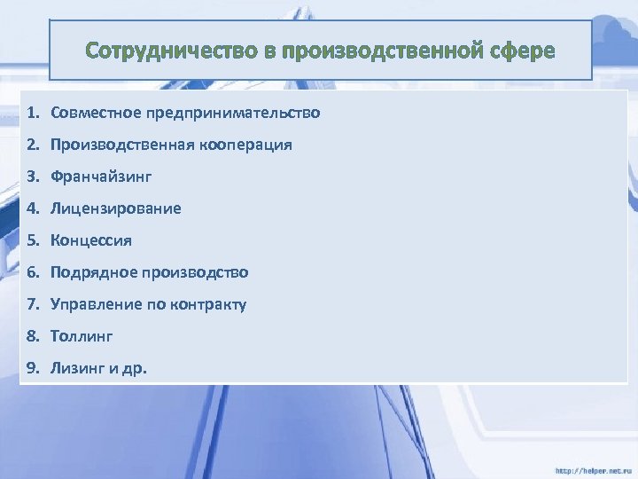 Сотрудничество в производственной сфере 1. Совместное предпринимательство 2. Производственная кооперация 3. Франчайзинг 4. Лицензирование