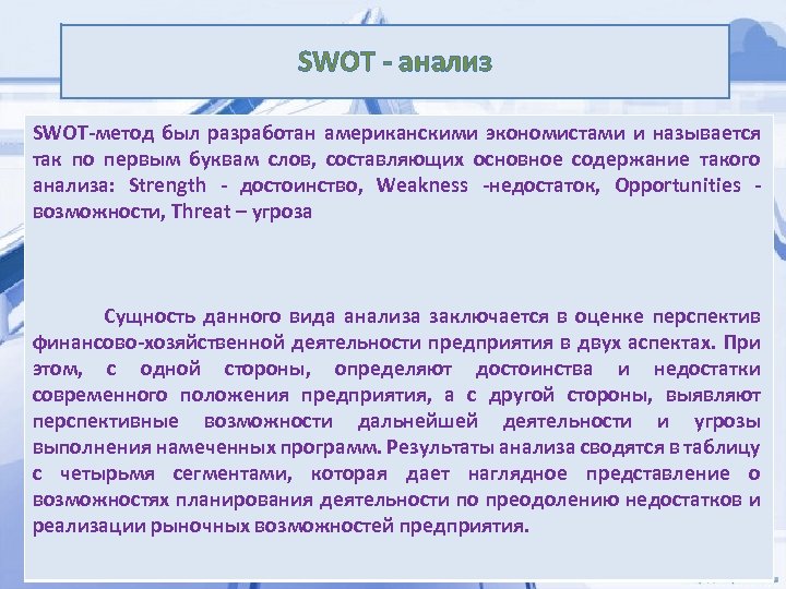 SWOT анализ SWOT метод был разработан американскими экономистами и называется так по первым буквам