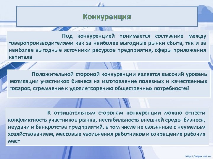 Конкуренция Под конкуренцией понимается состязание между товаропроизводителями как за наиболее выгодные рынки сбыта, так