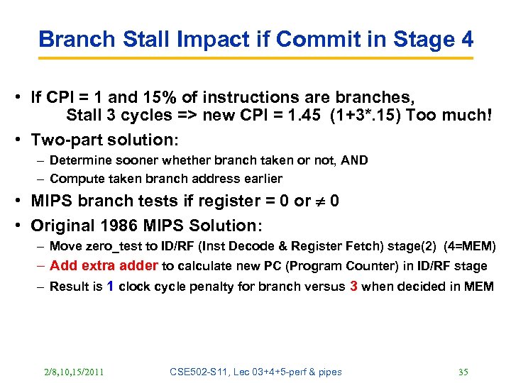 Branch Stall Impact if Commit in Stage 4 • If CPI = 1 and