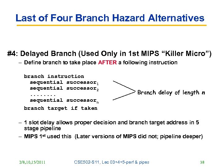 Last of Four Branch Hazard Alternatives #4: Delayed Branch (Used Only in 1 st