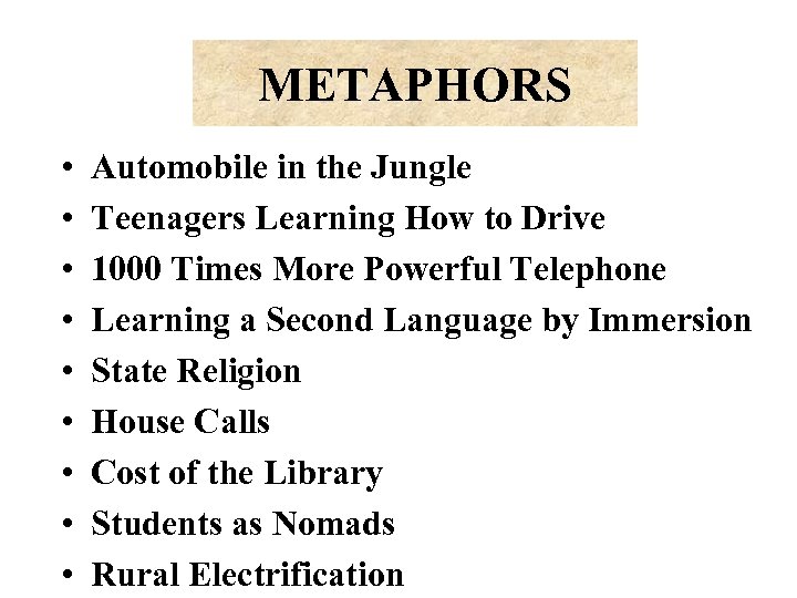 METAPHORS • • • Automobile in the Jungle Teenagers Learning How to Drive 1000