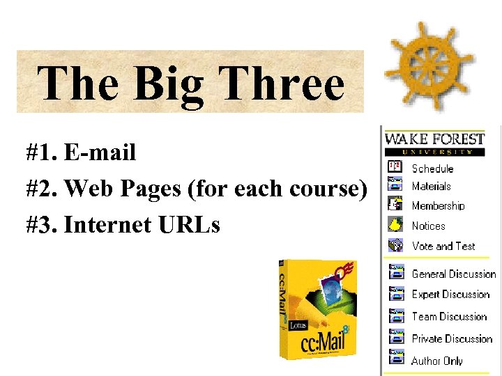The Big Three #1. E-mail #2. Web Pages (for each course) #3. Internet URLs