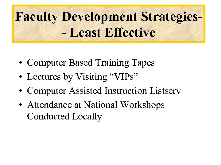 Faculty Development Strategies- Least Effective • • Computer Based Training Tapes Lectures by Visiting