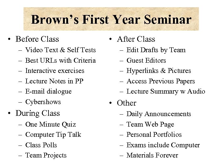 Brown’s First Year Seminar • Before Class – – – Video Text & Self