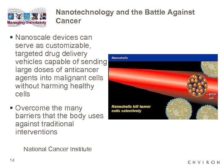 Managing Uncertainty Nanotechnology and the Battle Against Cancer § Nanoscale devices can serve as