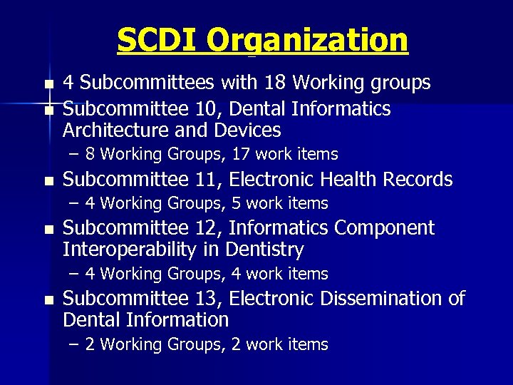 SCDI Organization n n 4 Subcommittees with 18 Working groups Subcommittee 10, Dental Informatics