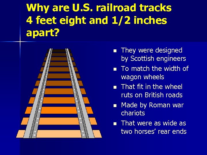 Why are U. S. railroad tracks 4 feet eight and 1/2 inches apart? n