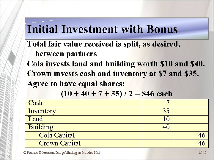 Initial Investment with Bonus Total fair value received is split, as desired, between partners