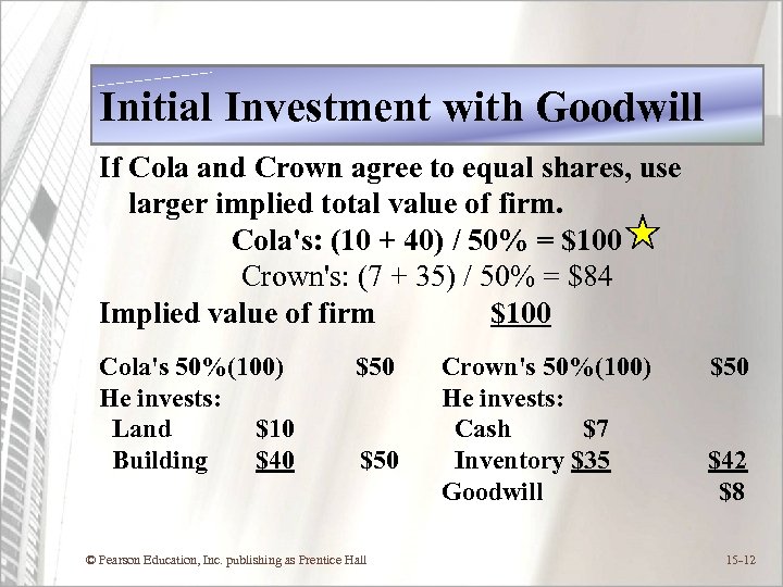 Initial Investment with Goodwill If Cola and Crown agree to equal shares, use larger