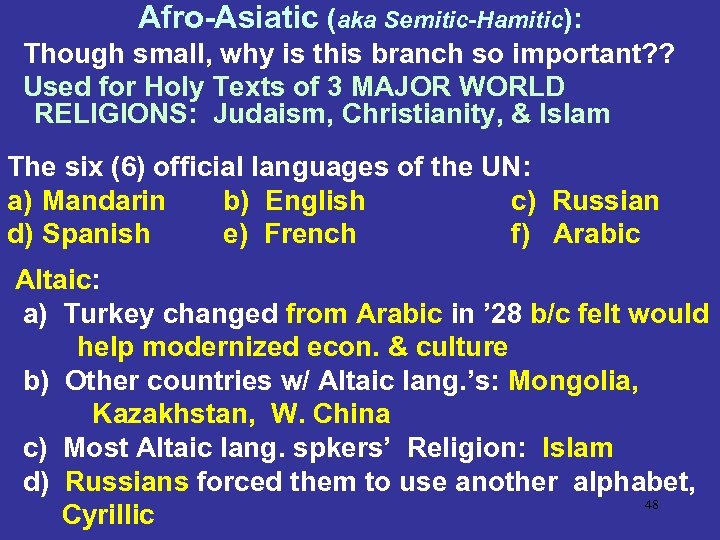 Afro-Asiatic (aka Semitic-Hamitic): Though small, why is this branch so important? ? Used for