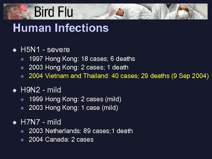 Human Infections l H 5 N 1 - severe l l H 9 N