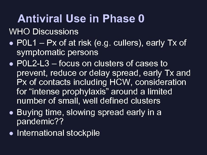 Antiviral Use in Phase 0 WHO Discussions l P 0 L 1 – Px