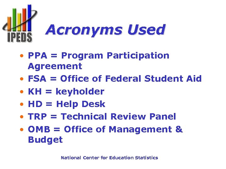 Acronyms Used • PPA = Program Participation Agreement • FSA = Office of Federal