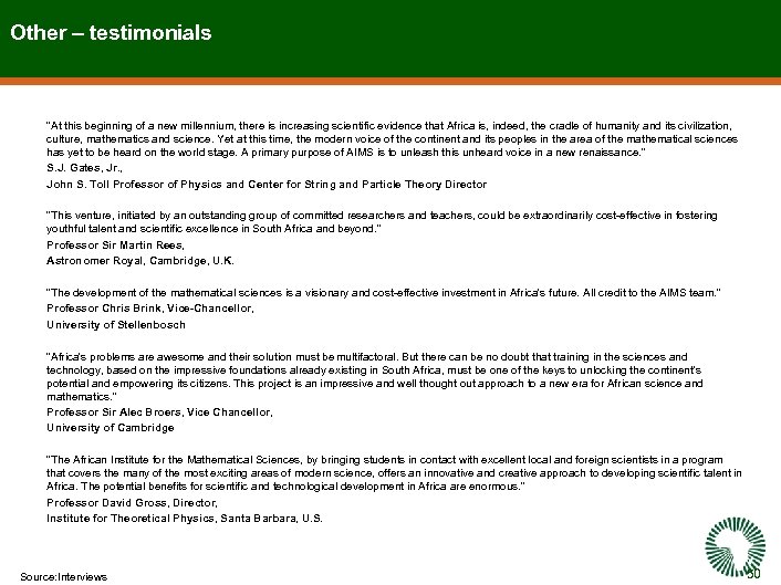 Other – testimonials "At this beginning of a new millennium, there is increasing scientific