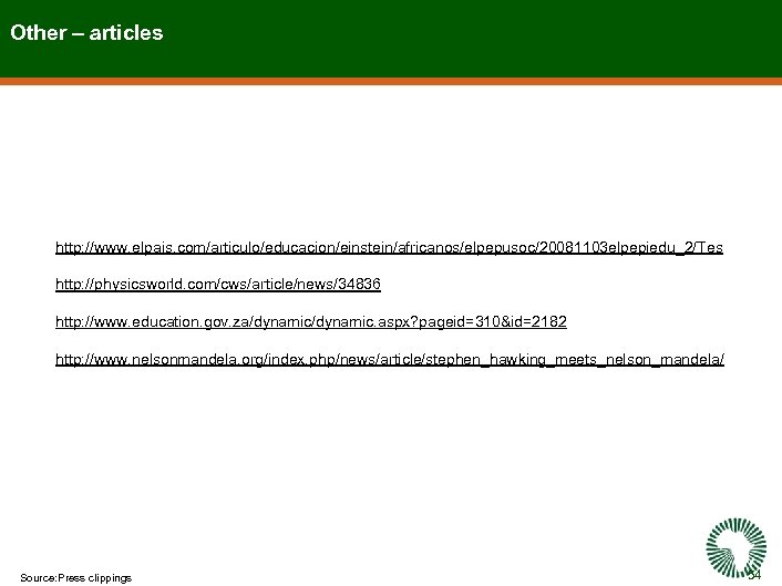 Other – articles http: //www. elpais. com/articulo/educacion/einstein/africanos/elpepusoc/20081103 elpepiedu_2/Tes http: //physicsworld. com/cws/article/news/34836 http: //www. education.