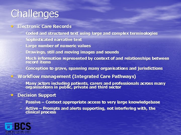 Challenges • Electronic Care Records – Coded and structured text using large and complex