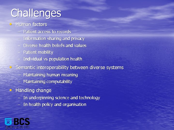 Challenges • Human factors – Patient access to records – Information sharing and privacy