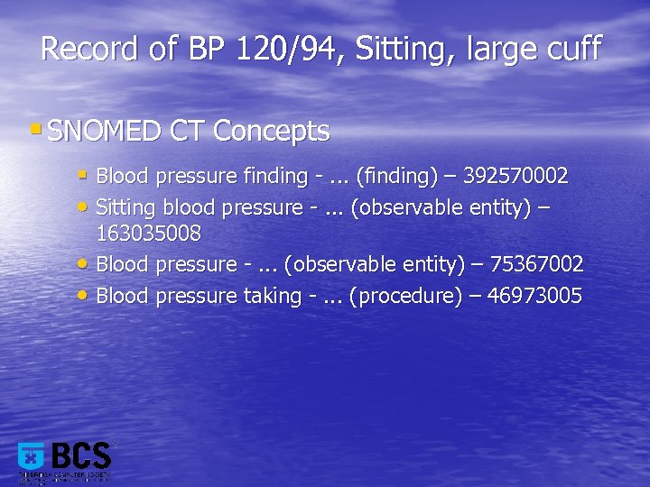 Record of BP 120/94, Sitting, large cuff § SNOMED CT Concepts § Blood pressure