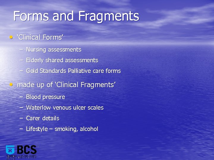 Forms and Fragments • ‘Clinical Forms’ – Nursing assessments – Elderly shared assessments –