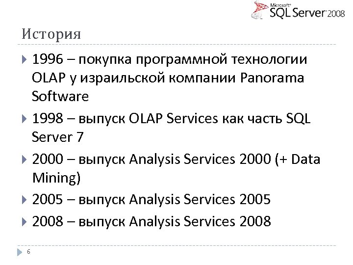 История 1996 – покупка программной технологии OLAP у израильской компании Panorama Software 1998 –