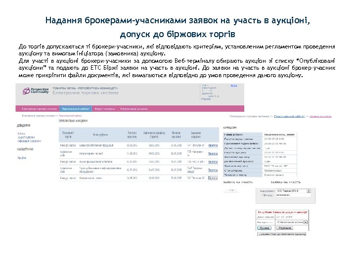 Надання брокерами-учасниками заявок на участь в аукціоні, допуск до біржових торгів До торгів допускаються
